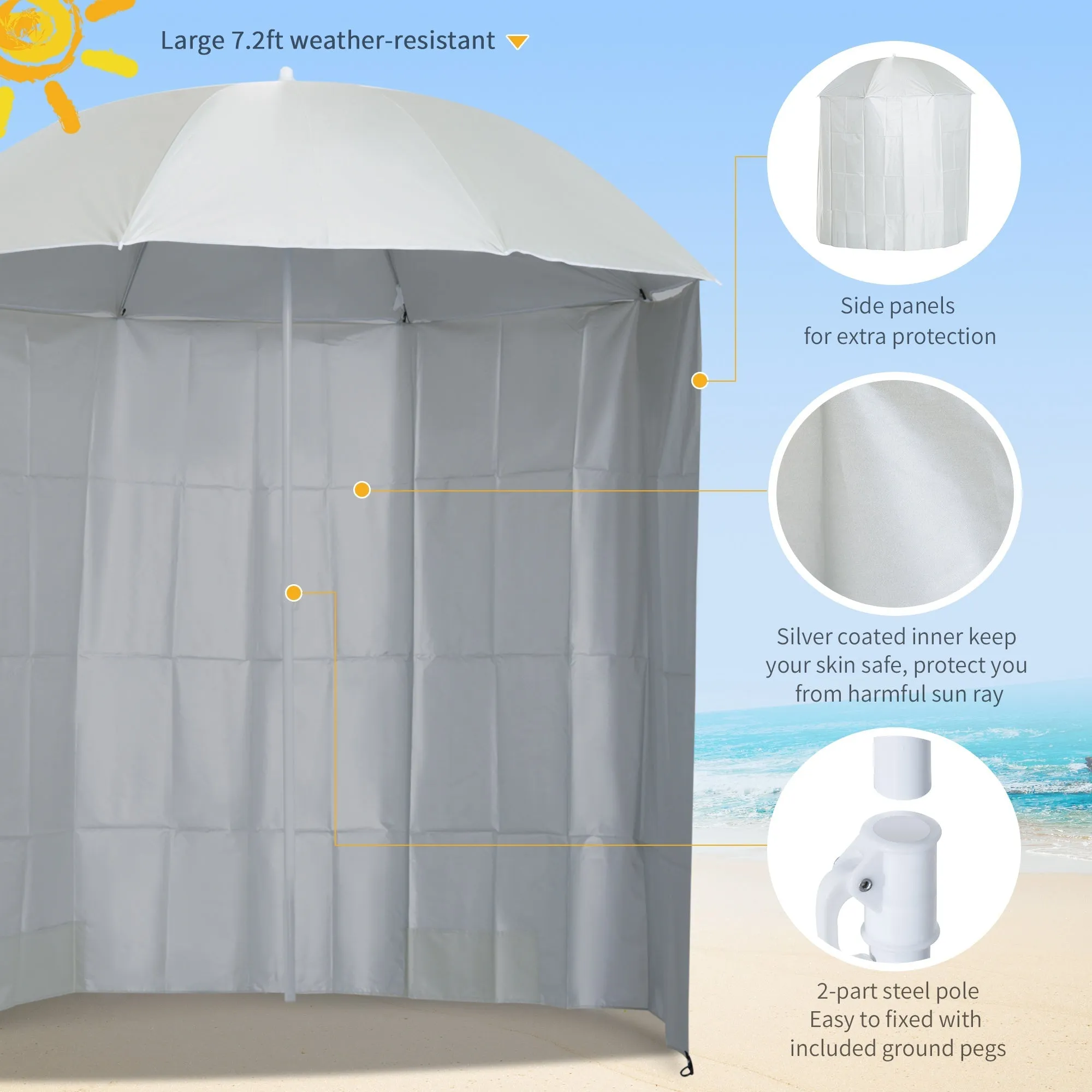 88" Arc 2.2M Fishing Umbrella Beach Parasol with Sides Brolly Shelter Canopy Shade with FREE Carry Bag Off-White