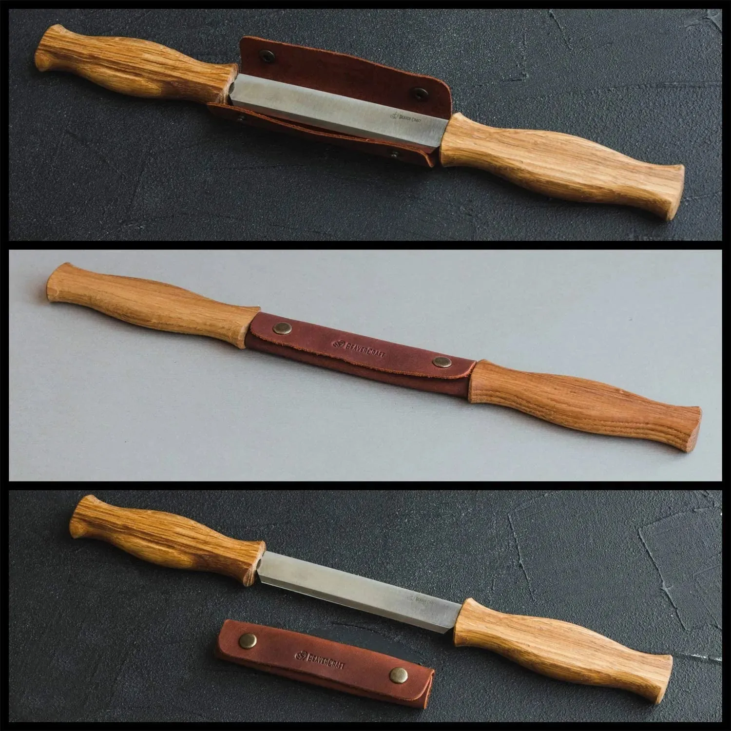BeaverCraft (DK1S) Drawknife with Oak Handle in Leather Sheath