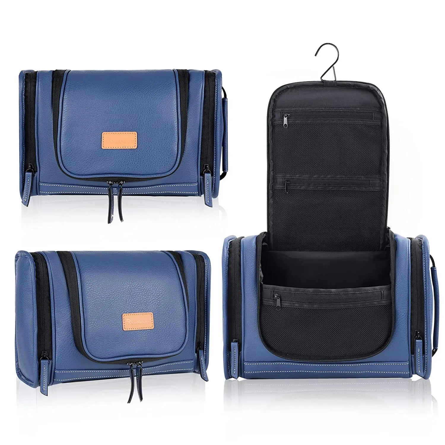 Blue Toiletry Bag Waterproof Leather Travel Organizer with Sturdy Metal Hook