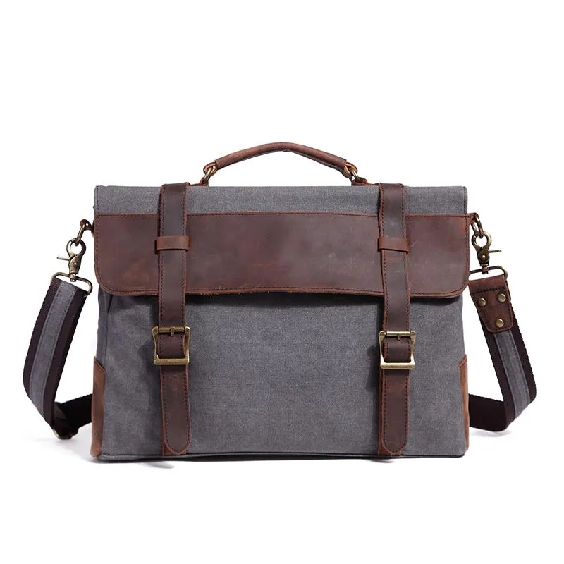 Canvas Leather Mens Vintage Khaki 14'' Briefcase Side Bag Lake Green Messenger Bag Brown Courier Bag for Men