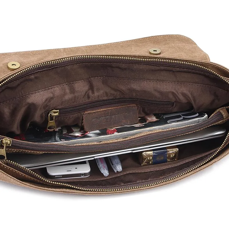 Canvas Leather Mens Vintage Khaki 14'' Briefcase Side Bag Lake Green Messenger Bag Brown Courier Bag for Men