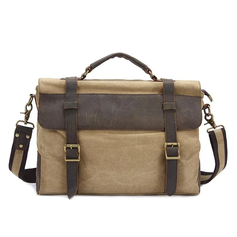 Canvas Leather Mens Vintage Khaki 14'' Briefcase Side Bag Lake Green Messenger Bag Brown Courier Bag for Men