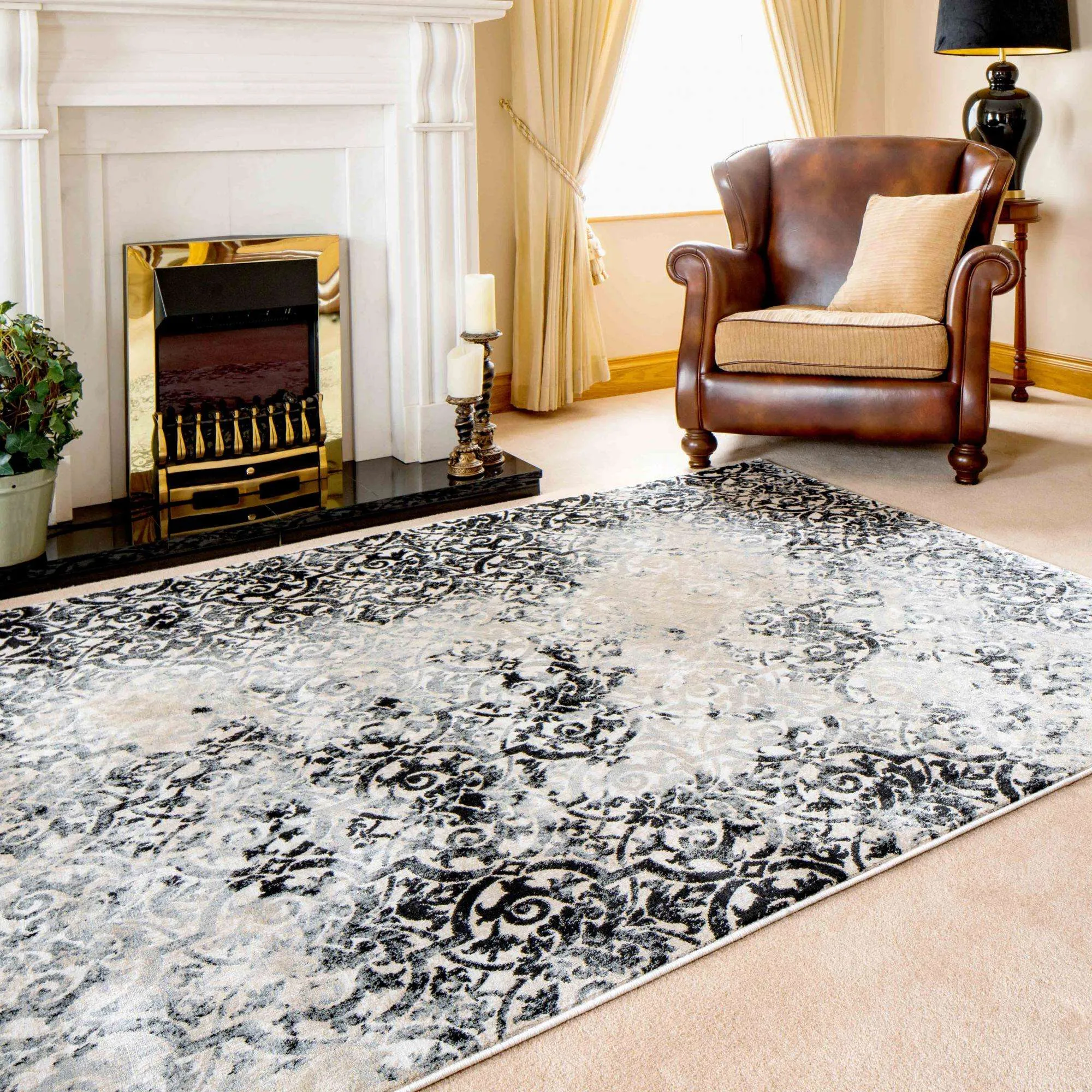 Distressed Vintage Grey Floral Living Room Area Rug