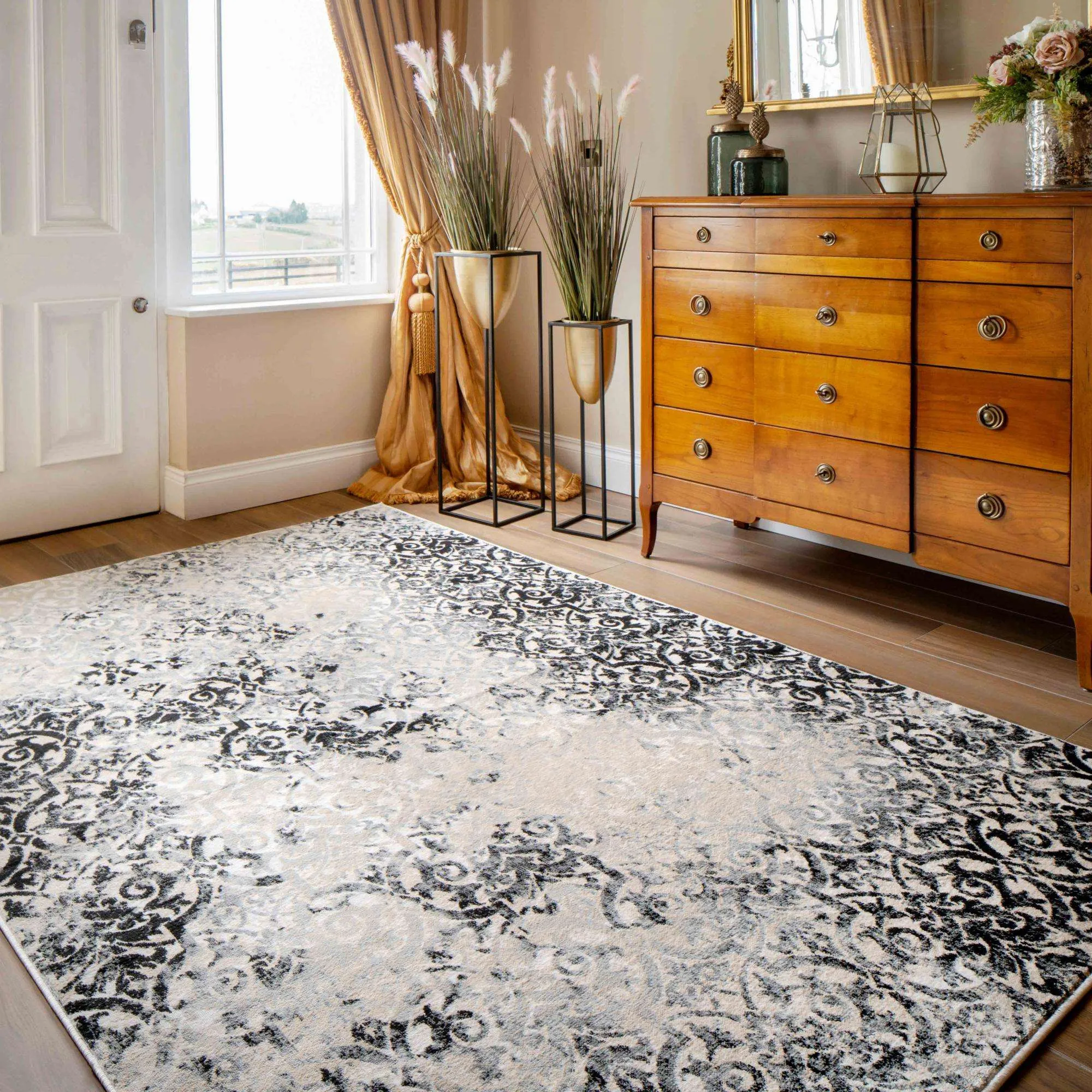 Distressed Vintage Grey Floral Living Room Area Rug