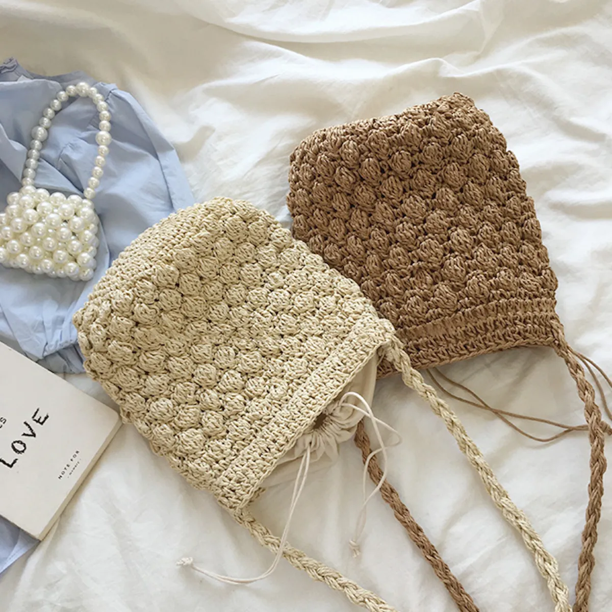 Elena Handbags Retro Straw Shoulder Bucket Bag