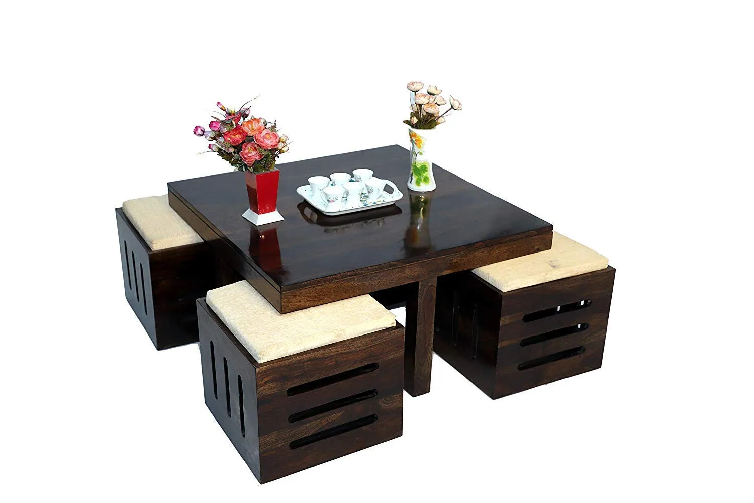 Handwoody Coffee Table for Living Room | Center Table for Living Room | Coffee Table for Home | Wooden Coffee Table with 4 Stool