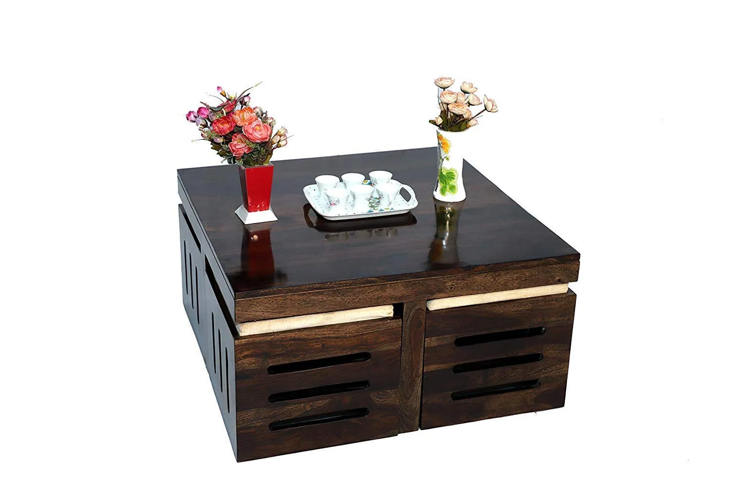 Handwoody Coffee Table for Living Room | Center Table for Living Room | Coffee Table for Home | Wooden Coffee Table with 4 Stool