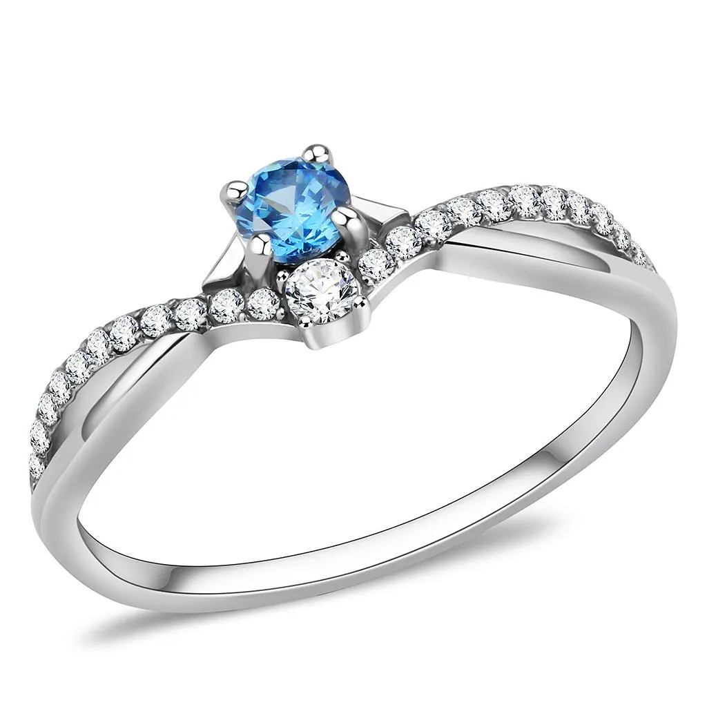 High polished (no plating) Stainless Steel Ring with AAA Grade CZ in Sea Blue for Women Style DA120