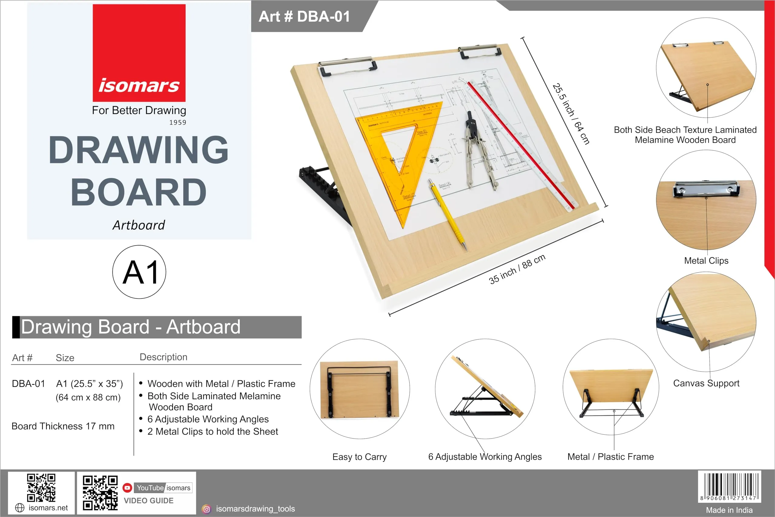 Isomars Drawing Board | Table Model Foldable Board with Clips | Drawing & Drafting Board | A1 (25.5 x 35 inches)