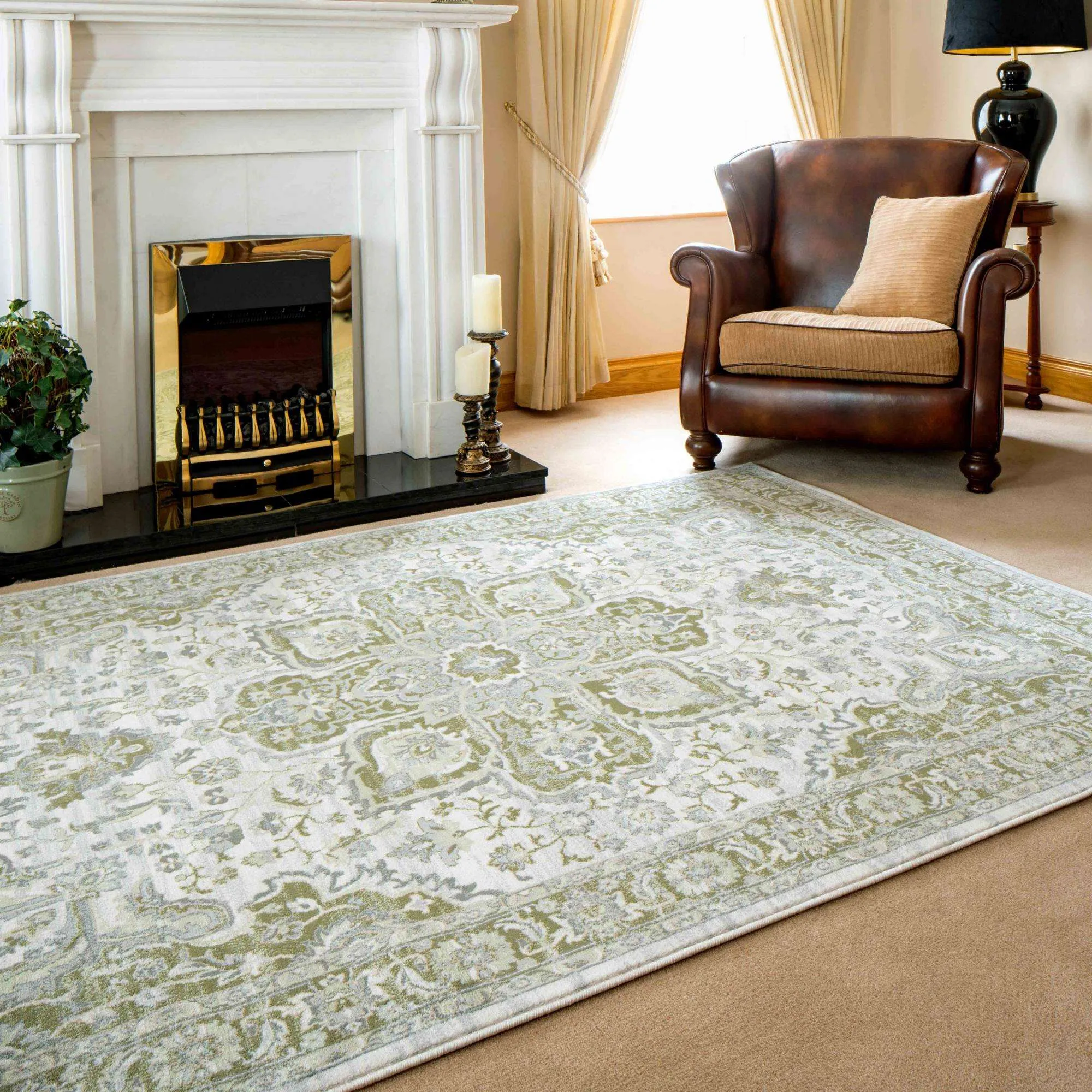 Oriental Bordered Green Floral Living Room Rug