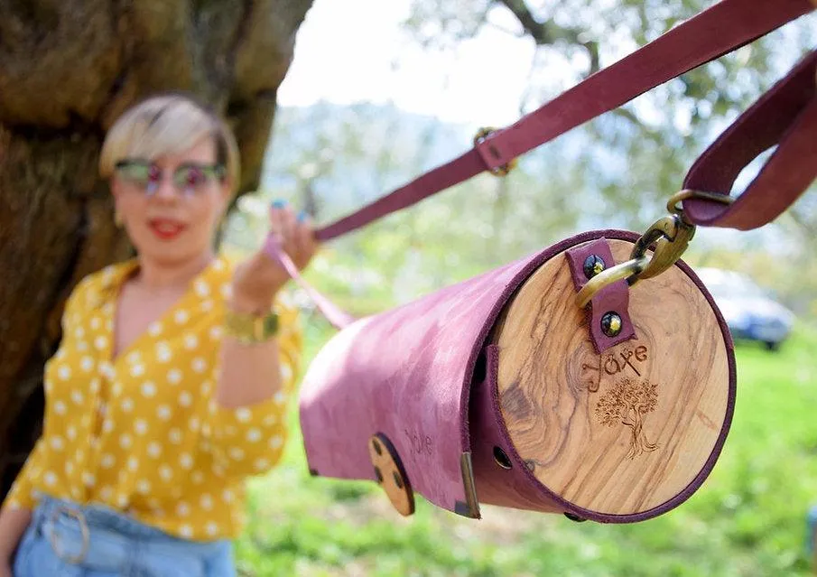 Purple cylinder leather and wood women bag