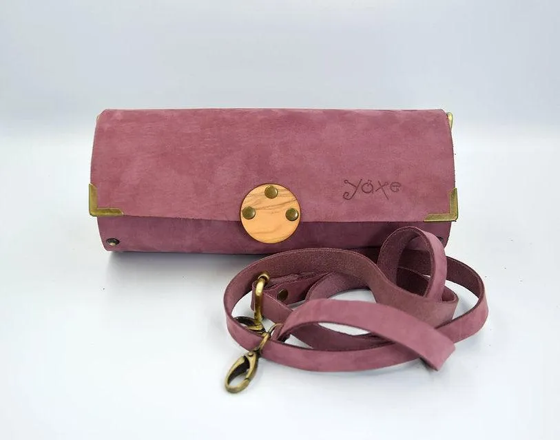 Purple cylinder leather and wood women bag