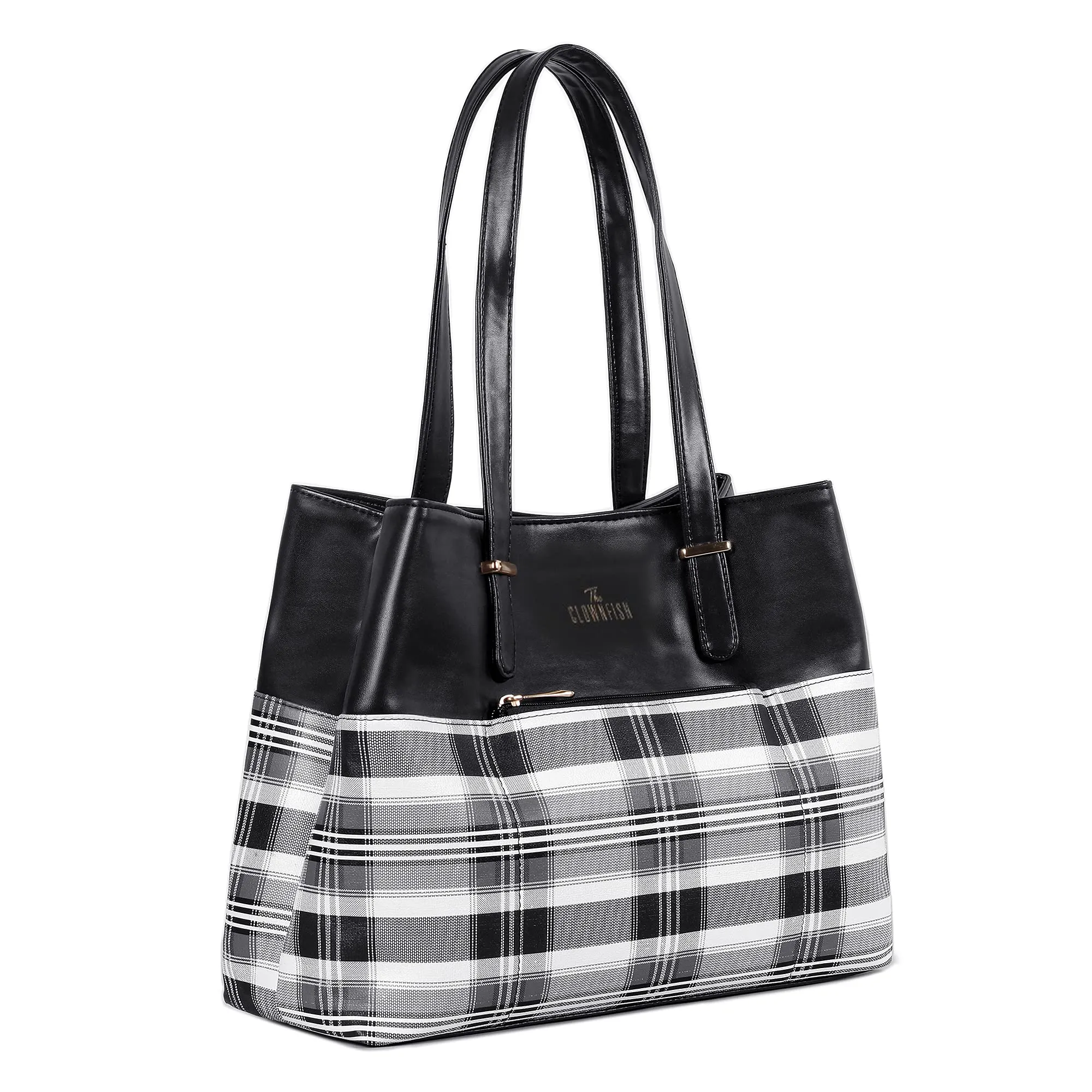 THE CLOWNFISH Gloria Handbag - Faux Leather, 15L Capacity | Stylish Checks Design | Black