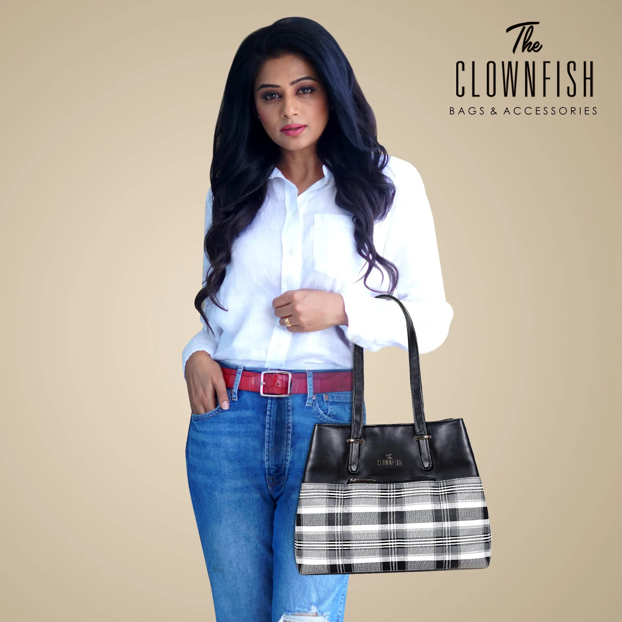 THE CLOWNFISH Gloria Handbag - Faux Leather, 15L Capacity | Stylish Checks Design | Black