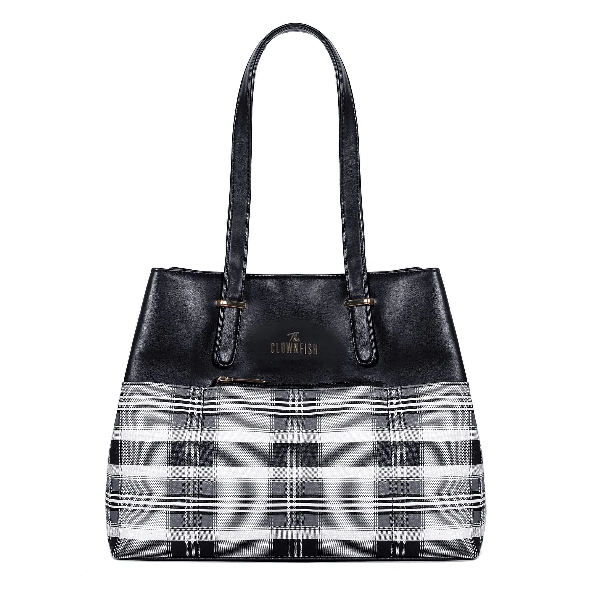 THE CLOWNFISH Gloria Handbag - Faux Leather, 15L Capacity | Stylish Checks Design | Black