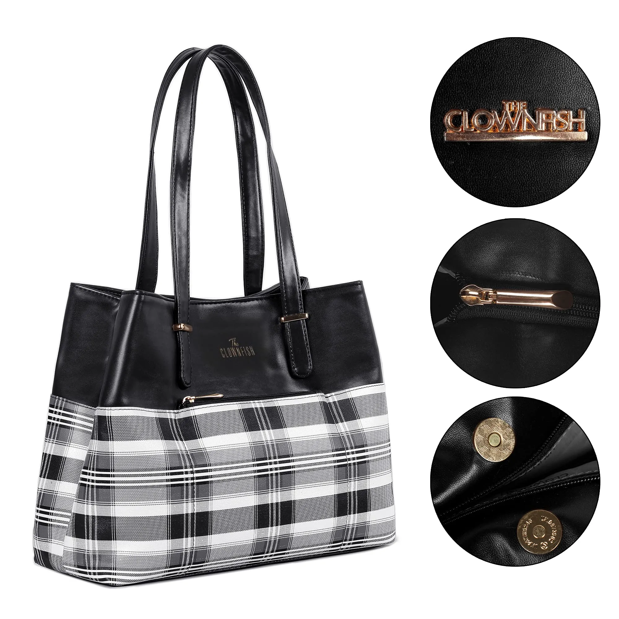 THE CLOWNFISH Gloria Handbag - Faux Leather, 15L Capacity | Stylish Checks Design | Black