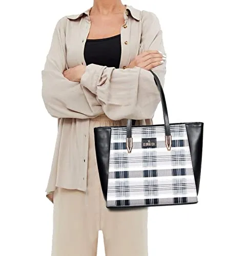THE CLOWNFISH Gloria Handbag for Women Office Bag Ladies Shoulder Bag Tote For Women College Girls (Checks Design-Dark Brown)