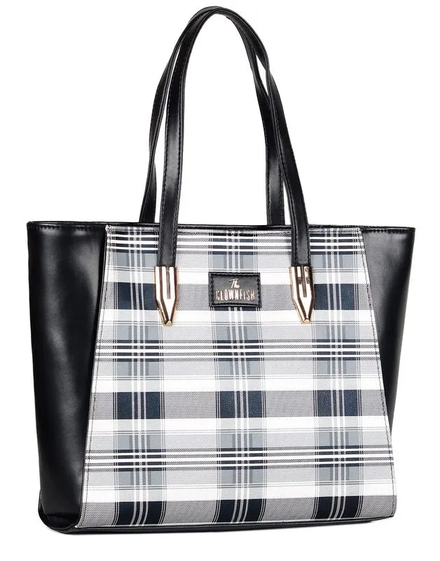 THE CLOWNFISH Gloria Handbag for Women Office Bag Ladies Shoulder Bag Tote For Women College Girls (Checks Design-Dark Brown)