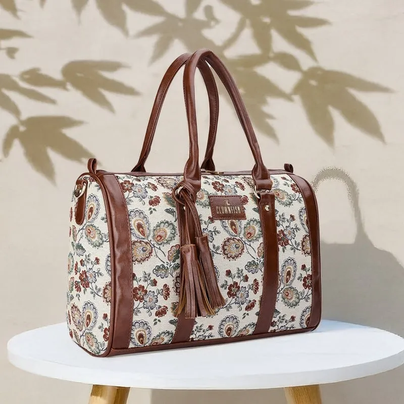 THE CLOWNFISH Lorna Tapestry Fabric & Faux Leather Handbag Sling Bag for Women Office Bag Ladies Shoulder Bag Tote For Women College Girls (Dark Brown- Floral)