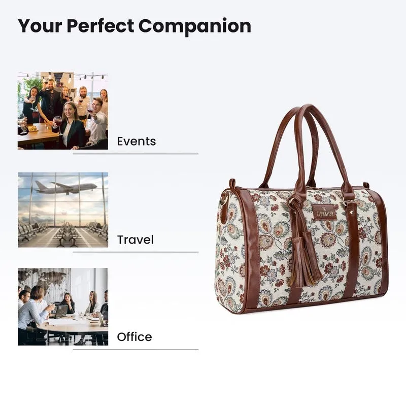 THE CLOWNFISH Lorna Tapestry Fabric & Faux Leather Handbag Sling Bag for Women Office Bag Ladies Shoulder Bag Tote For Women College Girls (Dark Brown- Floral)