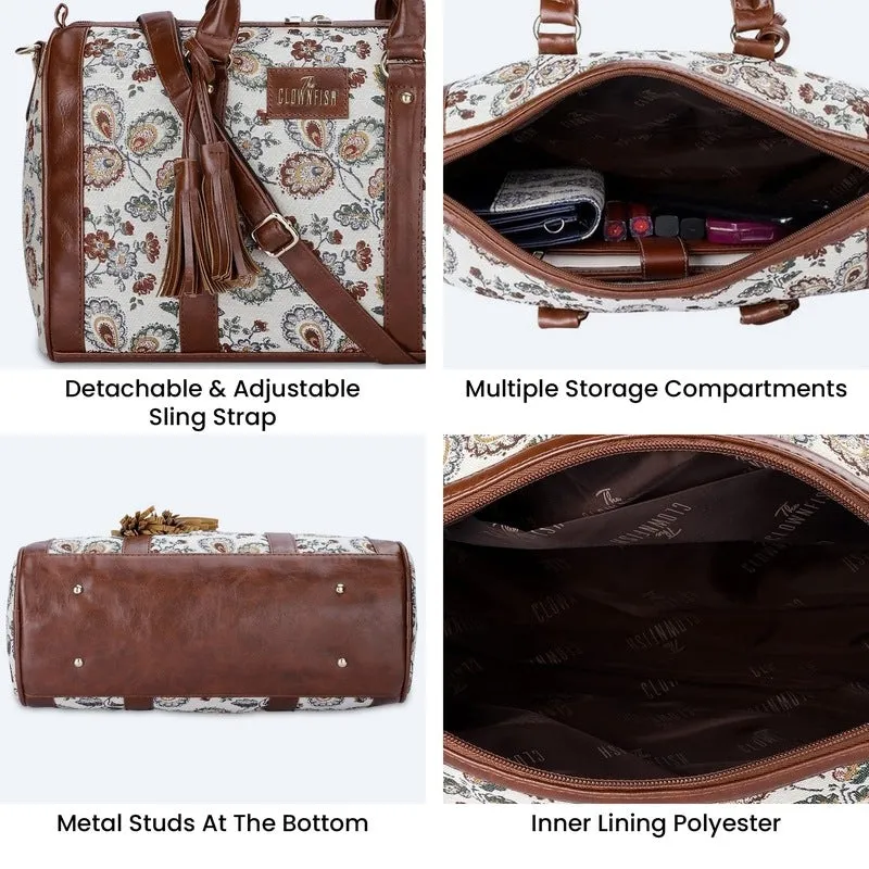 THE CLOWNFISH Lorna Tapestry Fabric & Faux Leather Handbag Sling Bag for Women Office Bag Ladies Shoulder Bag Tote For Women College Girls (Dark Brown- Floral)
