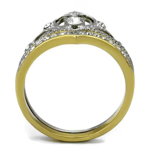 Two-Tone IP Gold (Ion Plating) Stainless Steel Ring with Top Grade Crystal in Clear for Women Style TK2294