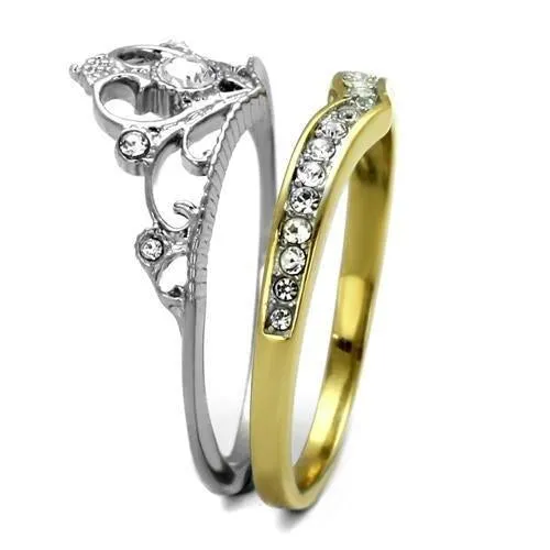 Two-Tone IP Gold (Ion Plating) Stainless Steel Ring with Top Grade Crystal in Clear for Women Style TK2294