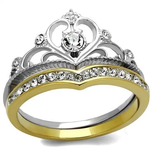 Two-Tone IP Gold (Ion Plating) Stainless Steel Ring with Top Grade Crystal in Clear for Women Style TK2294