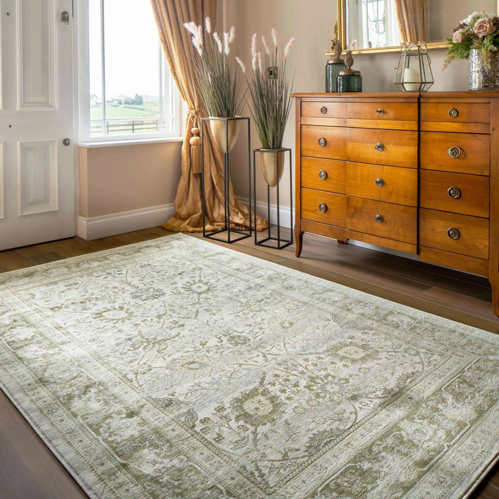 Vintage Traditional Green Floral Living Room Rug