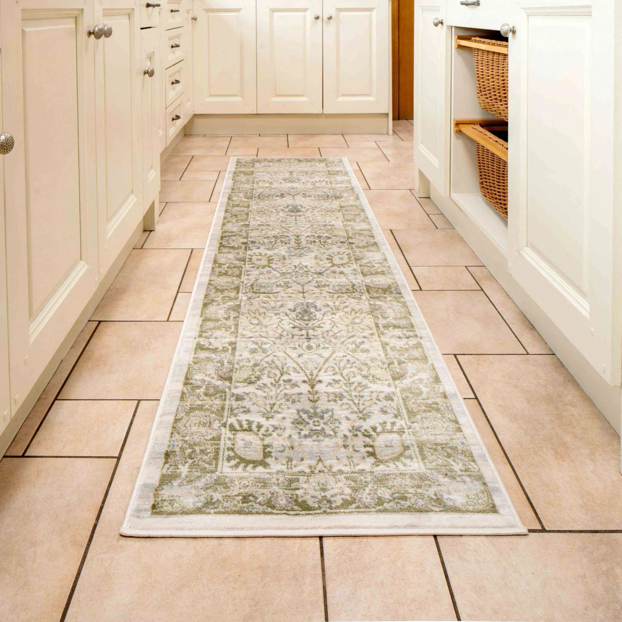 Vintage Traditional Green Floral Living Room Rug
