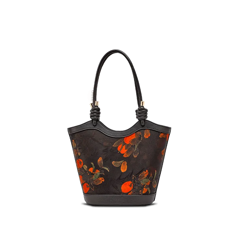 Xiangyunsha Silk Leather Printed Persimmon Shoulder Bag